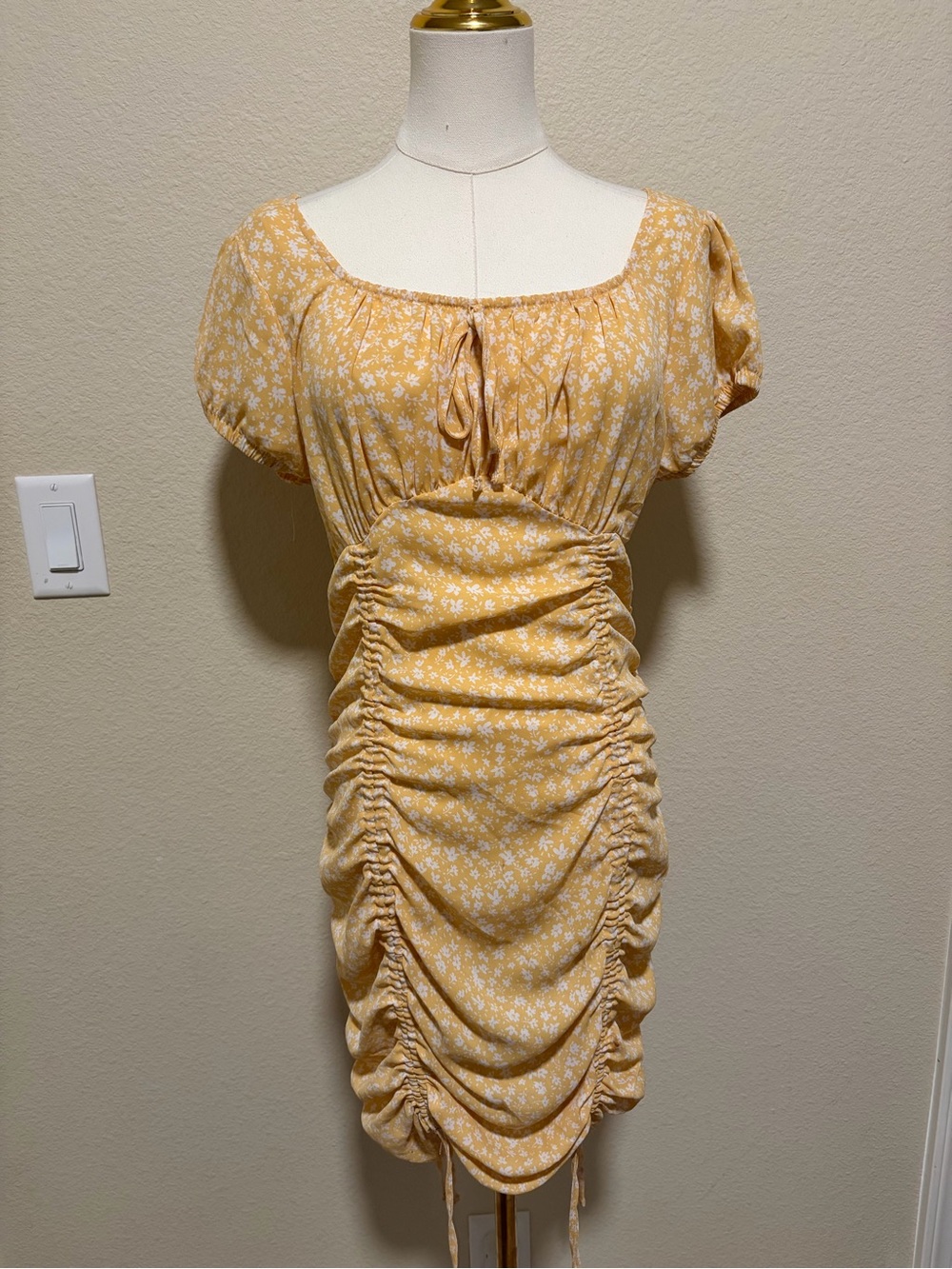 No Boundaries Yellow Floral Ruched Tie-Front Girls Dress